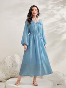 Modelyn 後綁帶燈籠袖繫腰帶連衣裙 - 淺藍色 - 查看 1