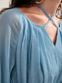 Modelyn 後綁帶燈籠袖繫腰帶連衣裙 - 淺藍色 - 查看 3