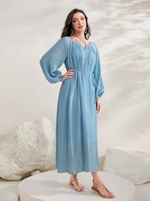 Modelyn 後綁帶燈籠袖繫腰帶連衣裙 - 淺藍色 - 查看 4