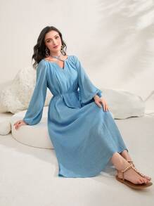 Modelyn 後綁帶燈籠袖繫腰帶連衣裙 - 淺藍色 - 查看 7