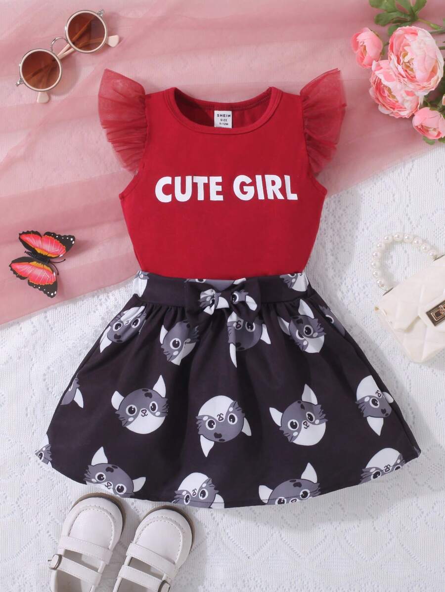 Baby Girl Letter Graphic Ruffle Trim Tee & Cat Print Bow Front Skirt - Multicolor - View 1