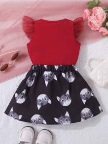 Baby Girl Letter Graphic Ruffle Trim Tee & Cat Print Bow Front Skirt - Multicolor - View 2