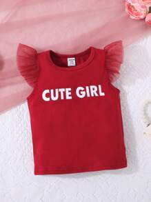 Baby Girl Letter Graphic Ruffle Trim Tee & Cat Print Bow Front Skirt - Multicolor - View 3