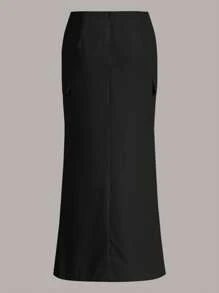 SHEIN EZwear 素色翻蓋口袋腰上打結工裝裙 - 黑色 - 查看 2