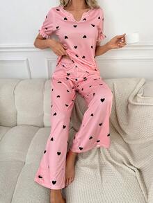 Heart Print Flare Sleeve PJ Set - Pink - View 5
