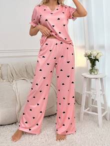 Heart Print Flare Sleeve PJ Set - Pink - View 3
