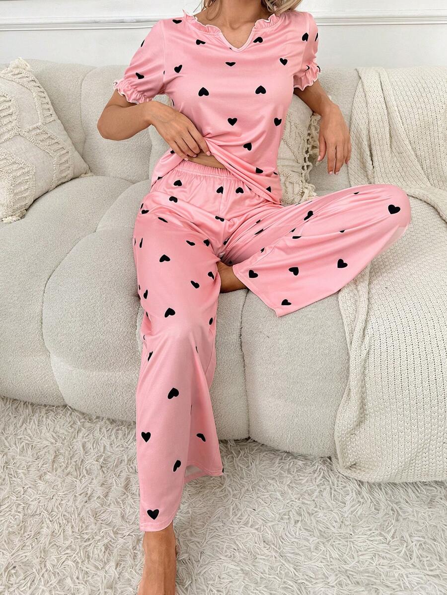 Heart Print Flare Sleeve PJ Set - Pink - View 1
