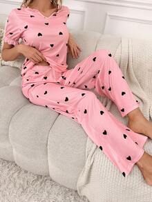 Heart Print Flare Sleeve PJ Set - Pink - View 7
