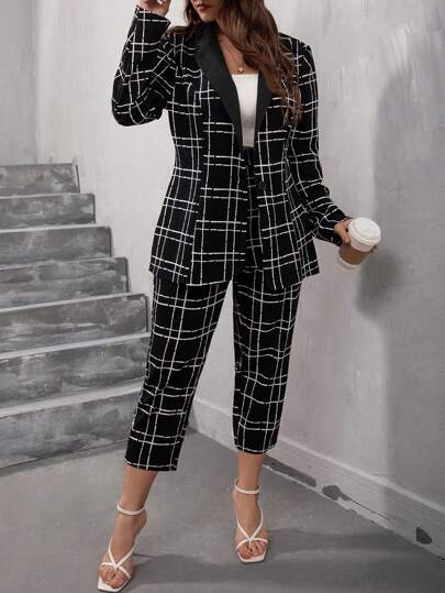 SHEIN Clasi Plus Plaid Print Lapel Neck Blazer & Pants