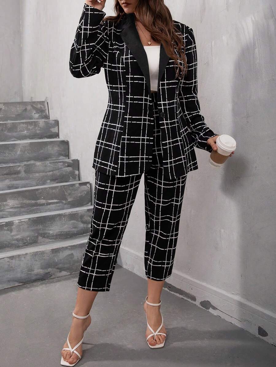 SHEIN Clasi Plus Plaid Print Lapel Neck Blazer & Pants - Black - View 1