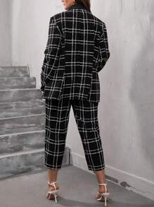 SHEIN Clasi Plus Plaid Print Lapel Neck Blazer & Pants - Black - View 2