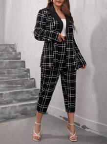 SHEIN Clasi Plus Plaid Print Lapel Neck Blazer & Pants - Black - View 3