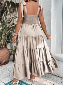 Breezaya 大碼肩上打結荷葉邊吊帶連衣裙 - 杏色 - 查看 2