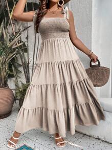 Breezaya 大碼肩上打結荷葉邊吊帶連衣裙 - 杏色 - 查看 6