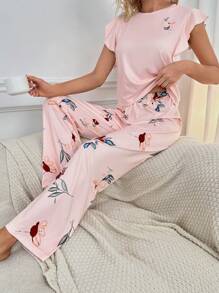 SHEIN Floral Print Ruffle Trim PJ Set - Baby Pink - View 6
