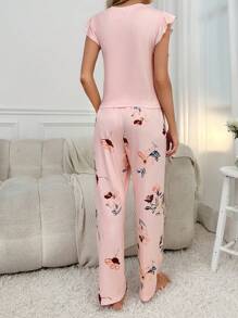 SHEIN Floral Print Ruffle Trim PJ Set - Baby Pink - View 2