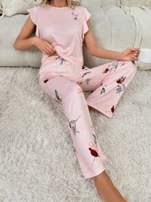 SHEIN Floral Print Ruffle Trim PJ Set - Baby Pink - View 5