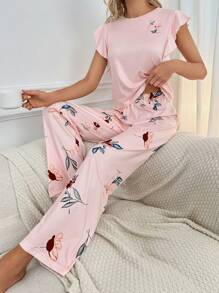 SHEIN Floral Print Ruffle Trim PJ Set - Baby Pink - View 3