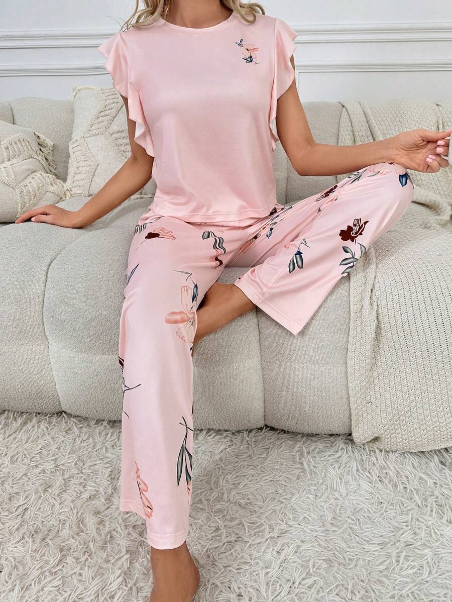 SHEIN Floral Print Ruffle Trim PJ Set - Baby Pink - View 1