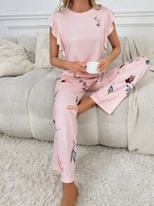 SHEIN Floral Print Ruffle Trim PJ Set - Baby Pink - View 7