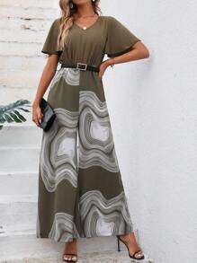 SHEIN LUNE 圖案印花蝴蝶袖腰帶闊腿連體褲 - 軍綠色 - 查看 1