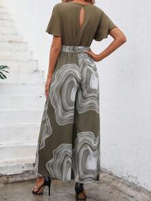 SHEIN LUNE 圖案印花蝴蝶袖腰帶闊腿連體褲 - 軍綠色 - 查看 2