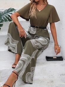 SHEIN LUNE 圖案印花蝴蝶袖腰帶闊腿連體褲 - 軍綠色 - 查看 5