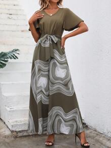 SHEIN LUNE 圖案印花蝴蝶袖腰帶闊腿連體褲 - 軍綠色 - 查看 6