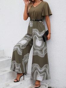 SHEIN LUNE 圖案印花蝴蝶袖腰帶闊腿連體褲 - 軍綠色 - 查看 7