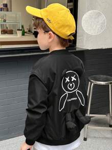 SHEIN 男大童字母和卡通圖案保暖夾克 - 黑色 - 查看 1