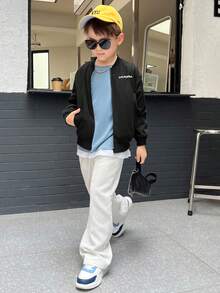 SHEIN 男大童字母和卡通圖案保暖夾克 - 黑色 - 查看 5