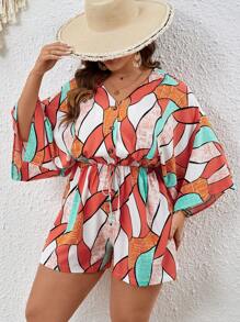 SHEIN VCAY Hơn In Toàn bộ tay cánh Nút phía trước Romper - Nhiều màu - Xem 1
