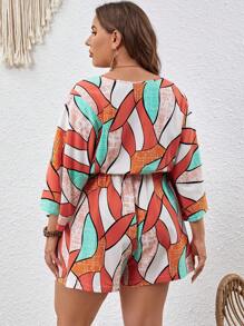 SHEIN VCAY Hơn In Toàn bộ tay cánh Nút phía trước Romper - Nhiều màu - Xem 2