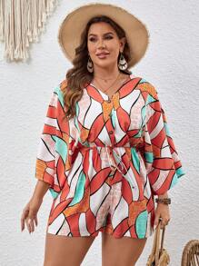 SHEIN VCAY Hơn In Toàn bộ tay cánh Nút phía trước Romper - Nhiều màu - Xem 3