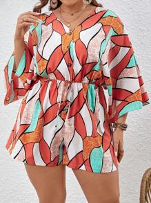 SHEIN VCAY Hơn In Toàn bộ tay cánh Nút phía trước Romper - Nhiều màu - Xem 5