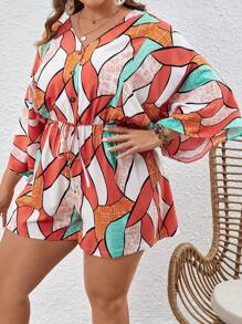 SHEIN VCAY Hơn In Toàn bộ tay cánh Nút phía trước Romper - Nhiều màu - Xem 6