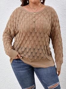 SHEIN VCAY Plus Pointelle Knit Drop Shoulder Sweater - Camel - View 1