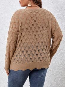 SHEIN VCAY Plus Pointelle Knit Drop Shoulder Sweater - Camel - View 2