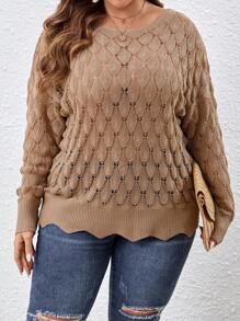 SHEIN VCAY Plus Pointelle Knit Drop Shoulder Sweater - Camel - View 3