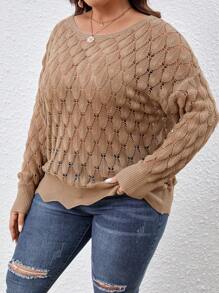 SHEIN VCAY Plus Pointelle Knit Drop Shoulder Sweater - Camel - View 4