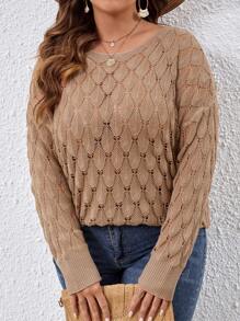 SHEIN VCAY Plus Pointelle Knit Drop Shoulder Sweater - Camel - View 5