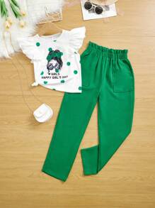 SHEIN Garota pré-adolescente Gráfico de Figura & Letra Acabamento De Babados Camiseta & Cintura Do Saco De Papel Calças
