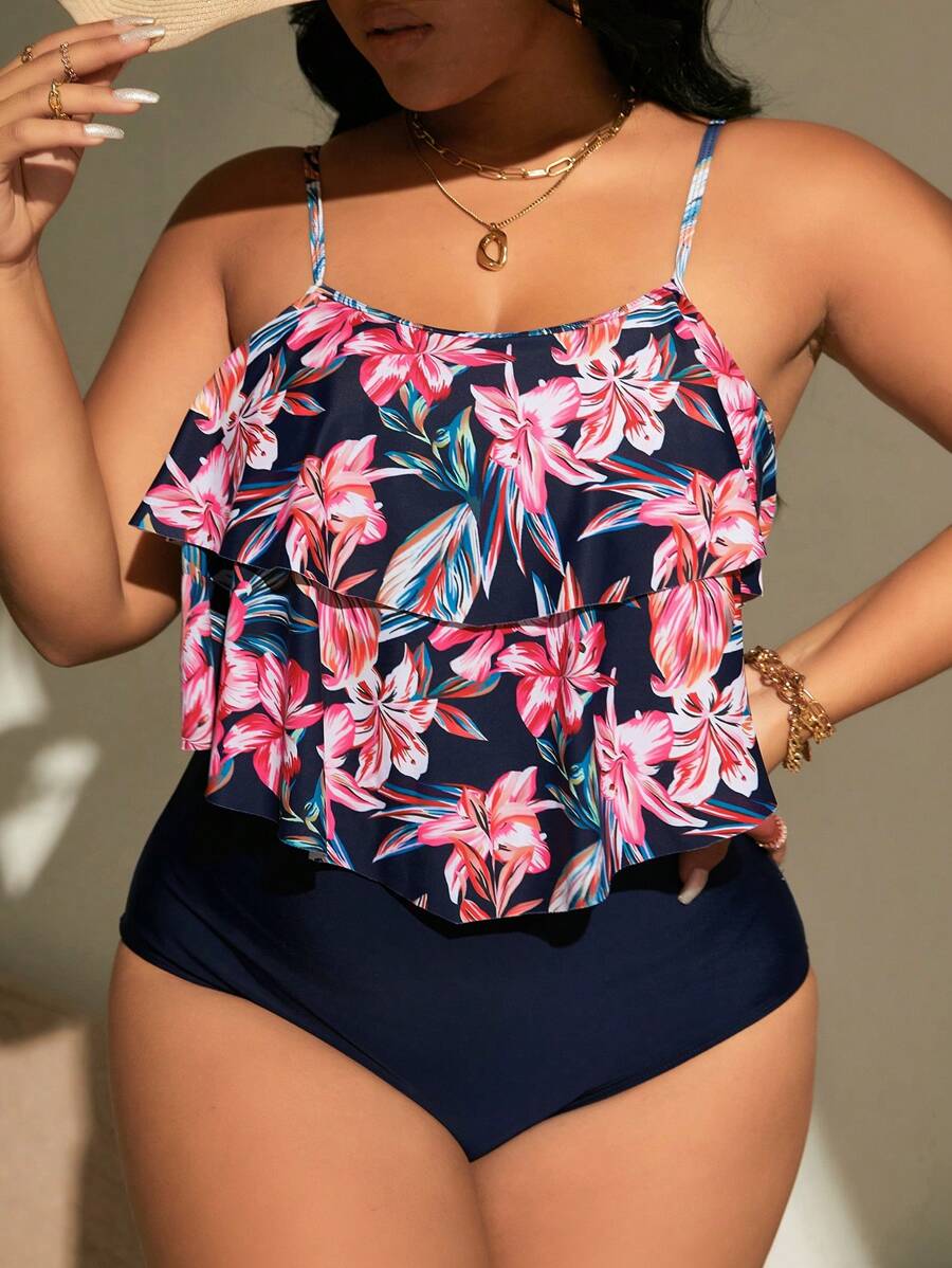 SHEIN Swim Curve 大碼印花荷葉邊連體泳衣 - 彩色 - 查看 1