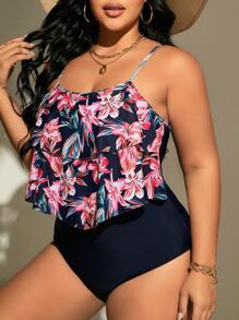 SHEIN Swim Curve 大碼印花荷葉邊連體泳衣 - 彩色 - 查看 3