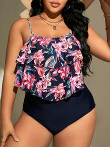 SHEIN Swim Curve 大碼印花荷葉邊連體泳衣 - 彩色 - 查看 5