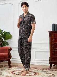 男士印花拼接滾邊睡衣套裝 - 彩色 - 查看 1