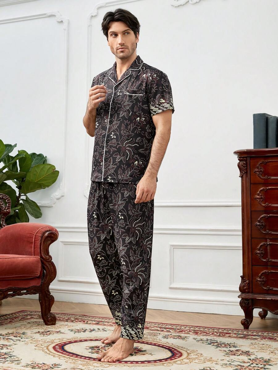 男士印花拼接滾邊睡衣套裝 - 彩色 - 查看 1