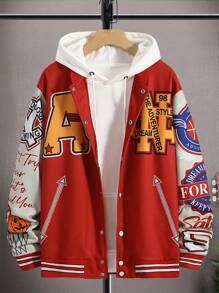 Manfinity LEGND Lỏng lẻo phù hợp Nam In thư Sọc trang trí Thả vai Áo khoác Đại học ( Không có ) - Đỏ - Xem 2