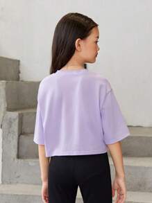 SHEIN 女大童字母圖案落肩T恤 - 紫丁香色 - 查看 3