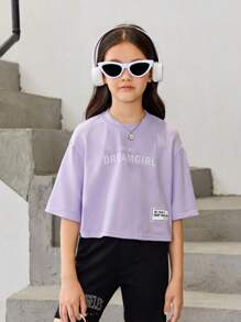 SHEIN 女大童字母圖案落肩T恤 - 紫丁香色 - 查看 1